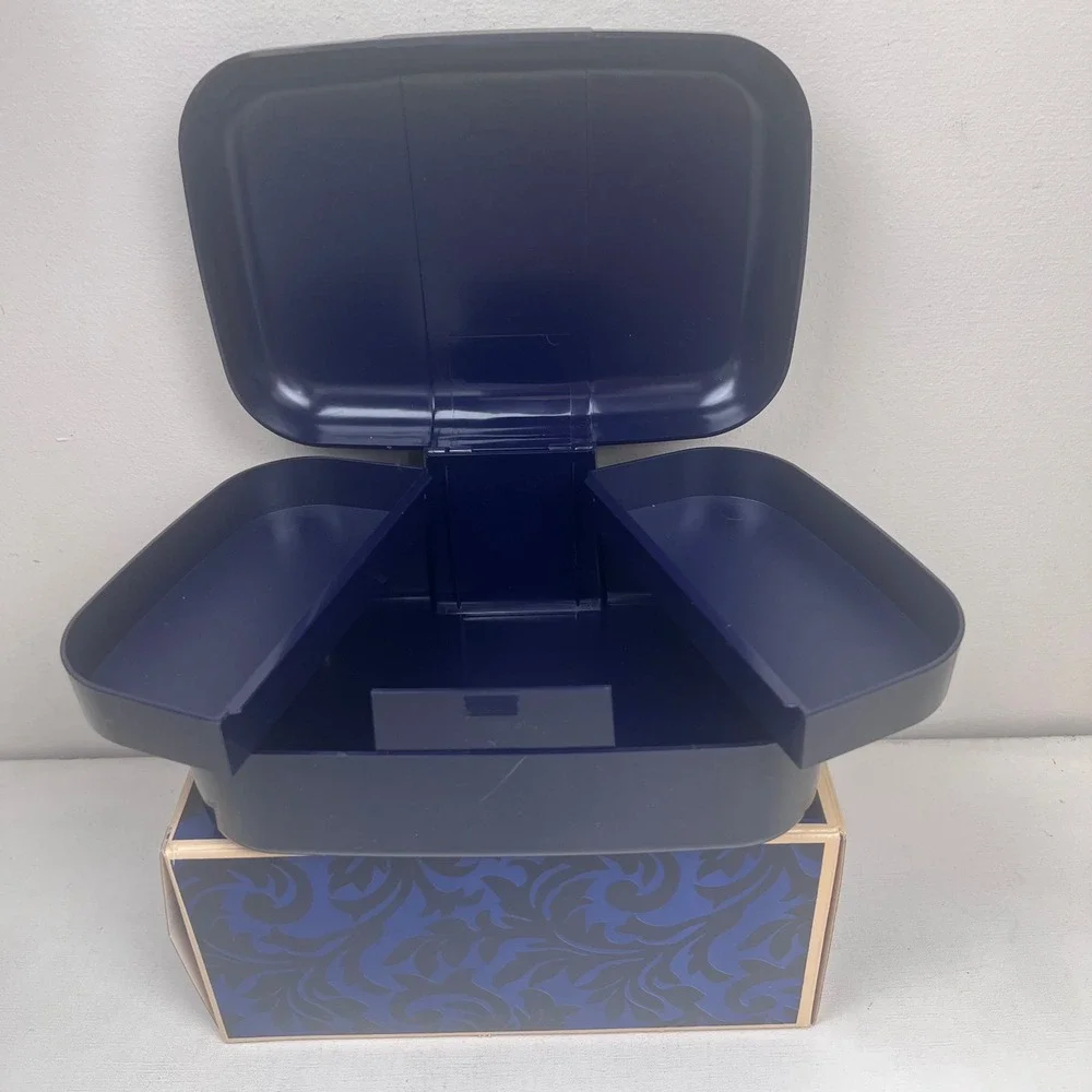 Avon Vintage Navy Blue Makeup Train Case Cantilever Trays Storage Organization